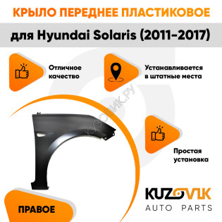 Крыло переднее правое Hyundai Solaris (2011-2017) пластиковое с отверстием под повторитель KUZOVIK Крыло переднее правое Hyundai Solaris (2011-2017) пластиковое с отверстием под повторитель KUZOVIK